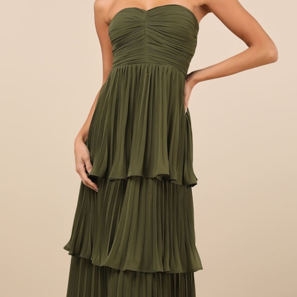 Lulus Dresses & Skirts - Lulus Seriously Sensational Olive Green Strapless Tiered Maxi Dress - Size S